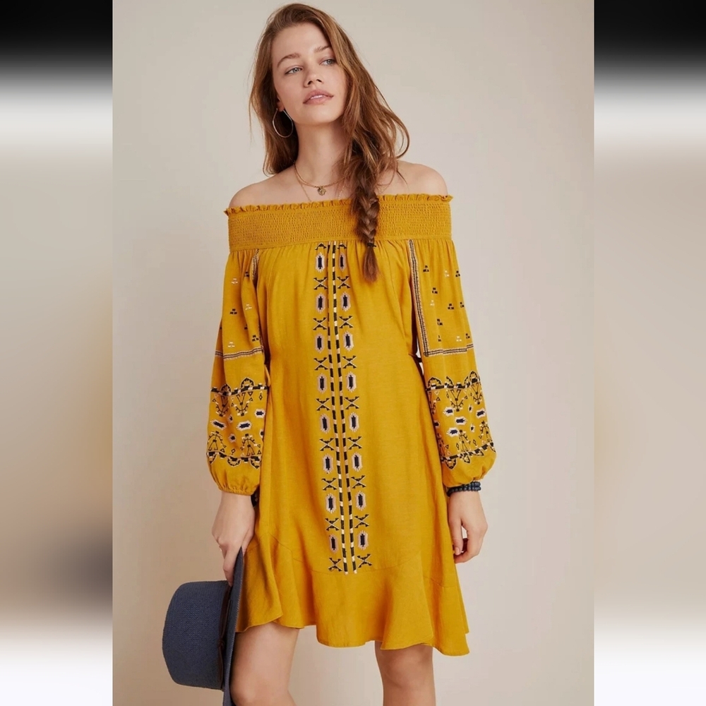Anthroplogie Ranna Gill Grette Gold Embroidered Tunic Boho Dress Women's Small